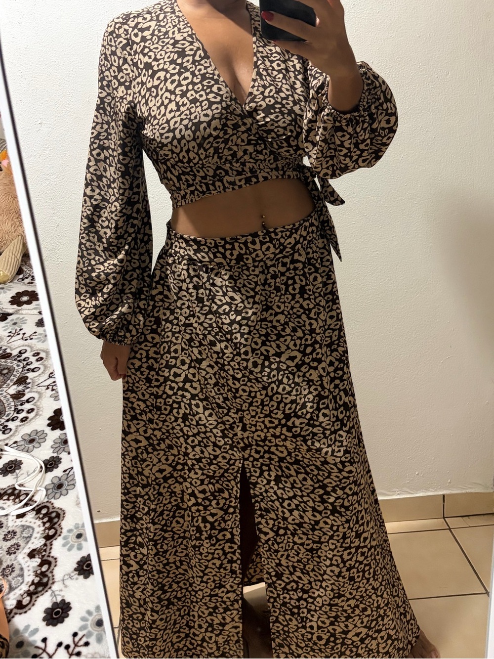SHEIN Beige and Black Leopard-Print Wrap Maxi Skirt